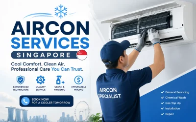 Professional aircon technician servicing air conditioning unit in Singapore home